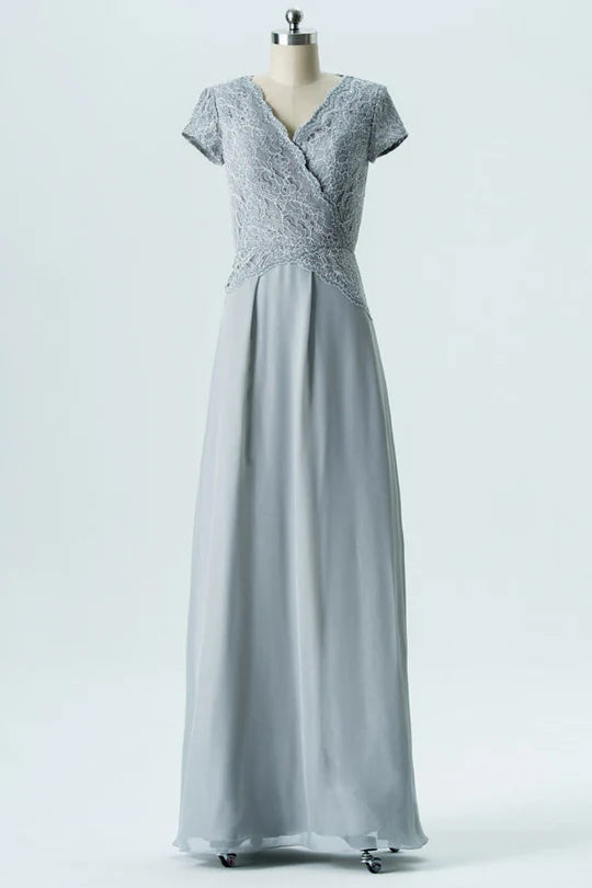 Vestido de dama de honor de gasa con cuello en V y manga corta hasta el suelo